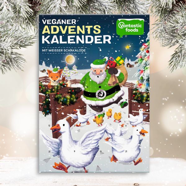 Veganer Adventskalender mit weisser Schakalode von Vantastic Food Vegane Adventskalender 2023: Die besten Produkte​!